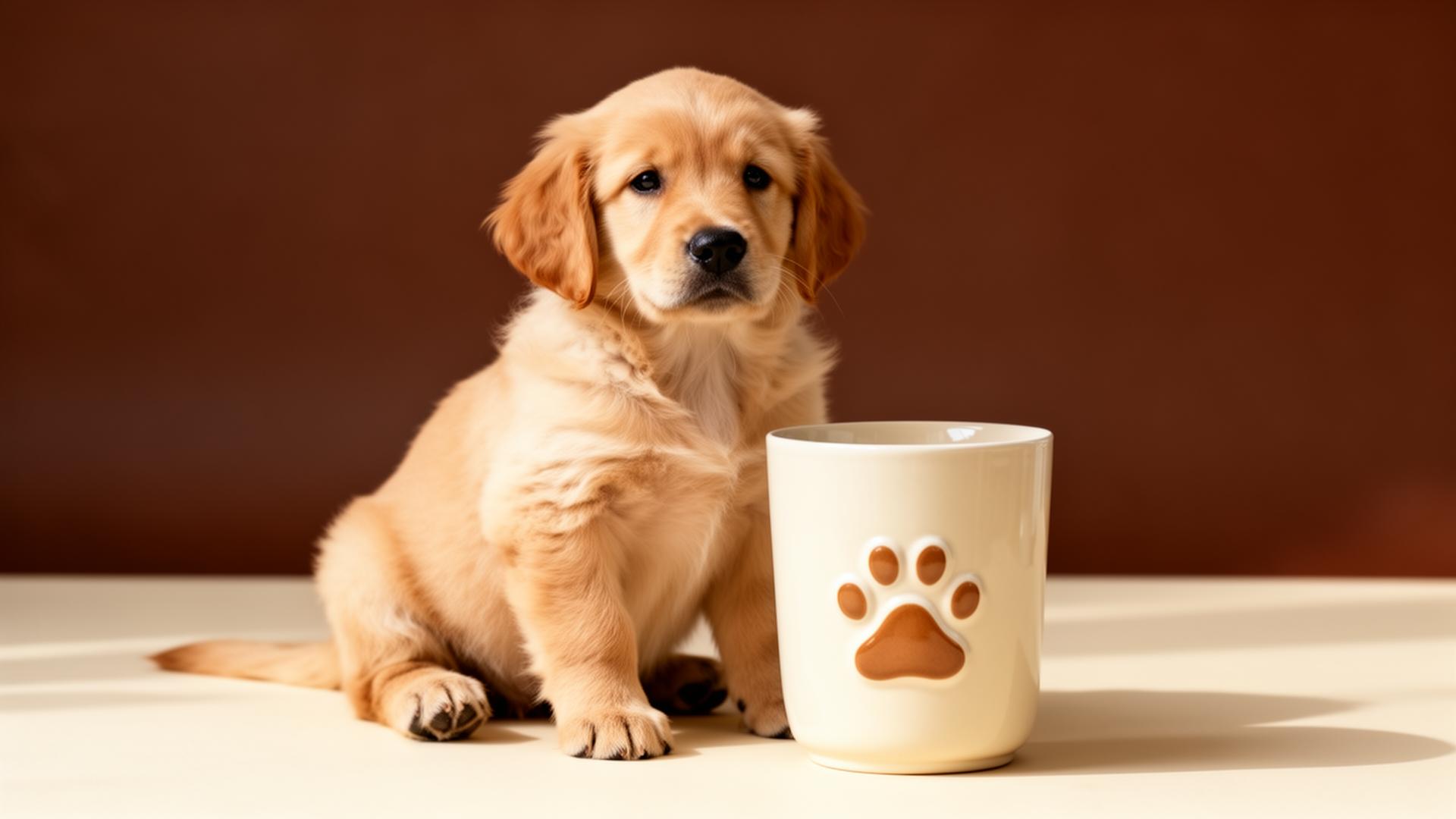 Golden retriever puppy next to a cream paw print tumbler