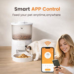 Pet feeder with a cat eating and a woman using a smartphone app on a wooden table.