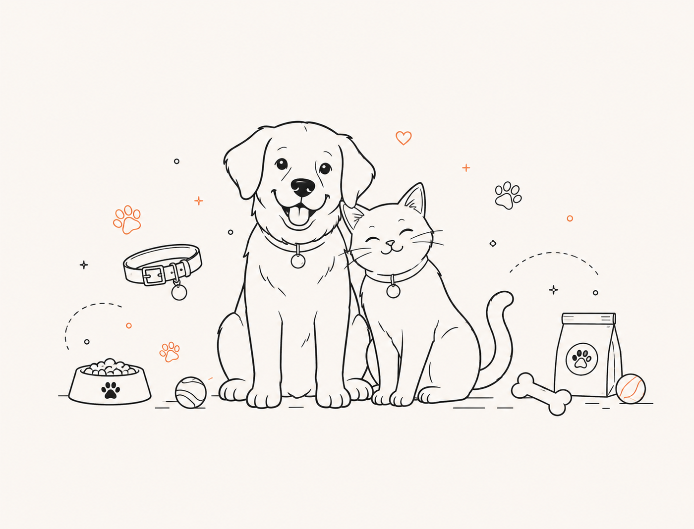 Happy dog and cat with pet essentials