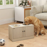 Elevated wooden dog feeder station with storage drawer and two stainless steel bowls for large dogs